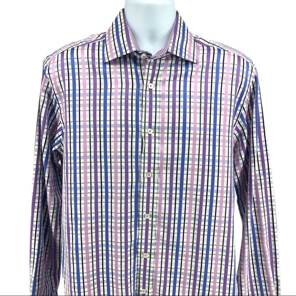 Bugatchi Purple Check Shaped Fit Button Down Shirt - Picture 2 of 8
